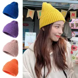 Fashion Winter Warm Knitted Cap Soft Solid Color Woolen Hat Thick Casual Leisure Cap for Men Women