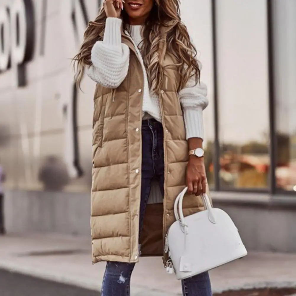 Women Winter Vest Coat Padded Sleeveless Hooded Women Coat Mid Length Slim Fit Zipper Hem Pockets Lady Long Winter Waistcoat