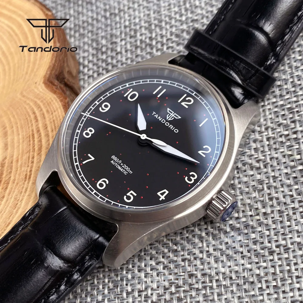 Tandorio Automatic Pilot Watch for Men AR Sapphire NH35A PT5000 Simple Luminous 20BAR Diver 39mm Mechanical Wristwatch Leather