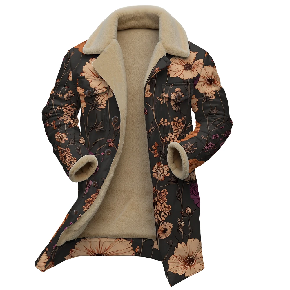 Trendy Floral Print Fleece Collar Jacket Cozy Long Sleeve Flower Button Up Coat with Pockets Fashionable Autumn Winter Outerwear