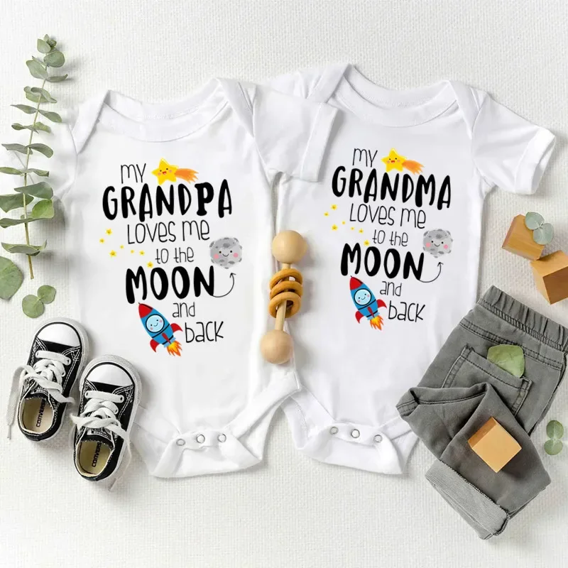 My Grandma Grandpa Loves Me To The Moon And Back Baby Onesie Space Rocket Print Infant Bodysuit Grandparents Gift