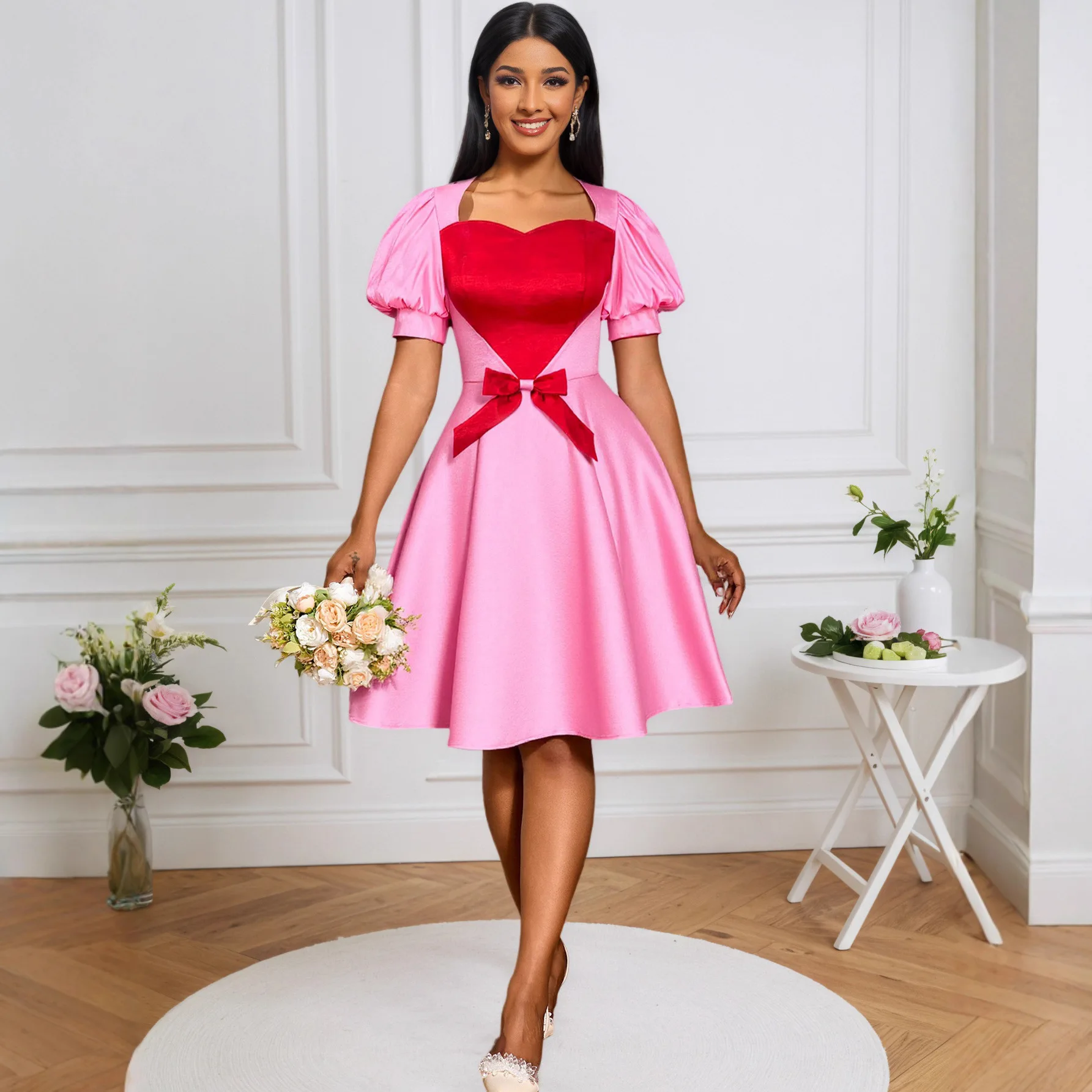 

Women's Contrasting Color Heart-Shaped Bow Dress Puffed Sleeves Cinched Waist A-Line Party Dinner Dress