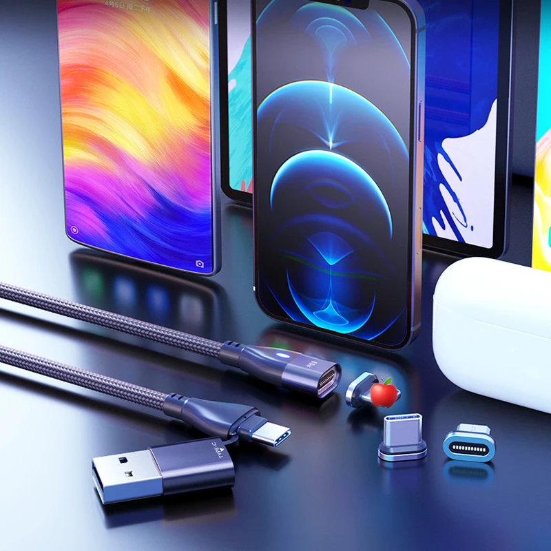 5 SZT. Kabel do ładowania i transmisji danych PD60W 6-w-1 z magnetycznym mocowaniem, szybkie ładowanie, podwójna końcówka Type-C USB-A do notebooków i telefonów komórkowych