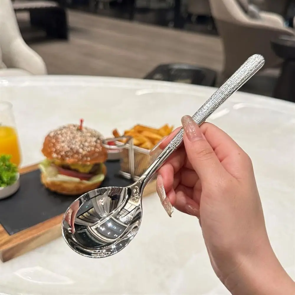 Stainless Steel Drinking Soup Spoon Round Head Long Handle Hammer Pattern Dessert Spoons Korean Spoon Western Restaurant Spoon