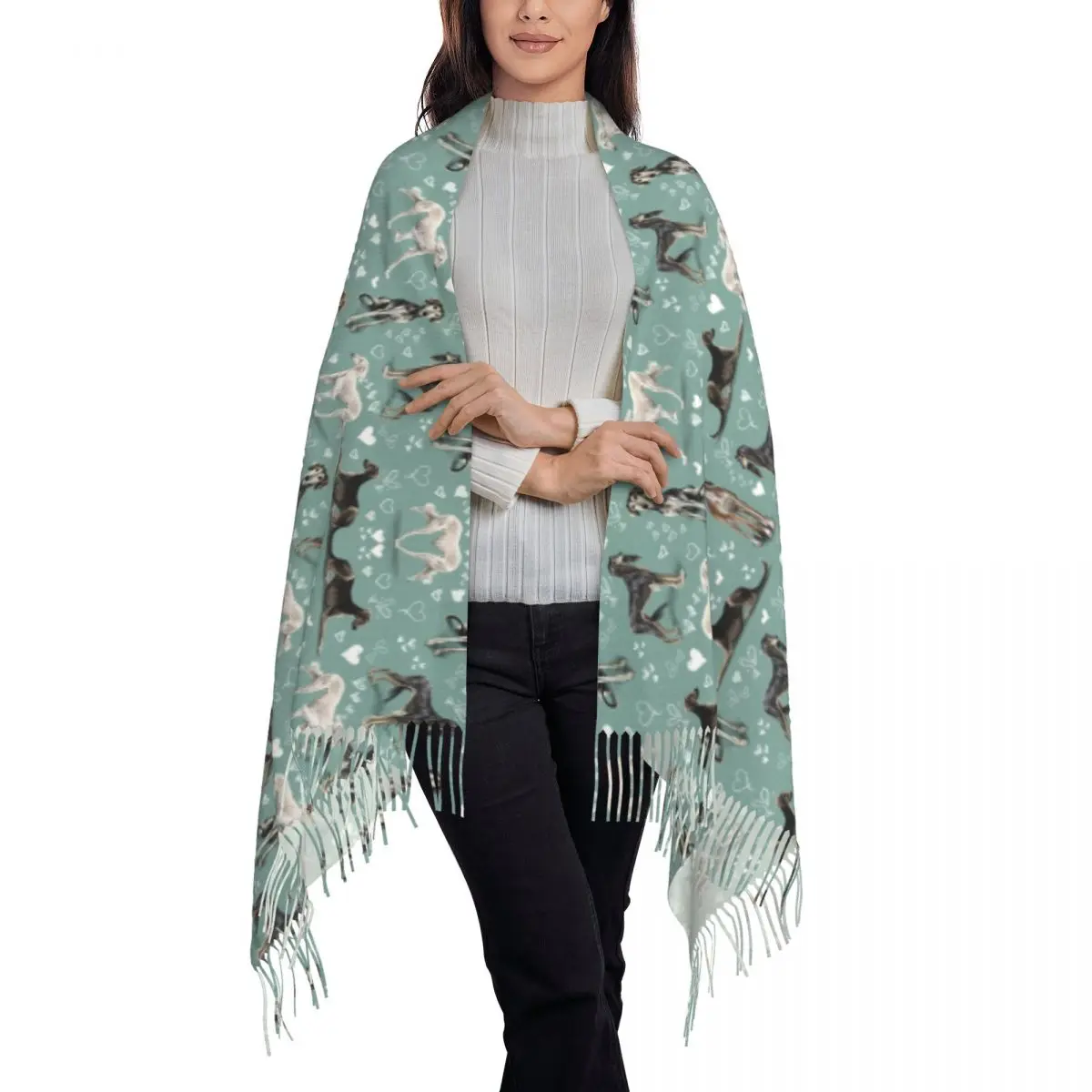 The Saluki Green Tassel Scarf Women Soft Greyhound Sighthound Dogs Shawl Wrap Lady Winter Scarves