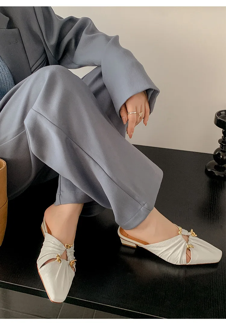 Women Elegant Square Head Half Slippers Fashion Metal Buckle Decoration Sandals Ladies Minimal Versatile Low Heeled Shoes