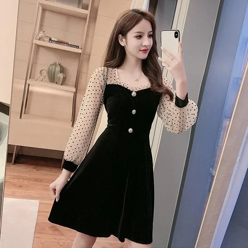 A Line Women's Long Sleeve Dresses Mesh Korean Style Female Dress Splicing 2025 Fashion Trendy New Features of Summer Loose Hot