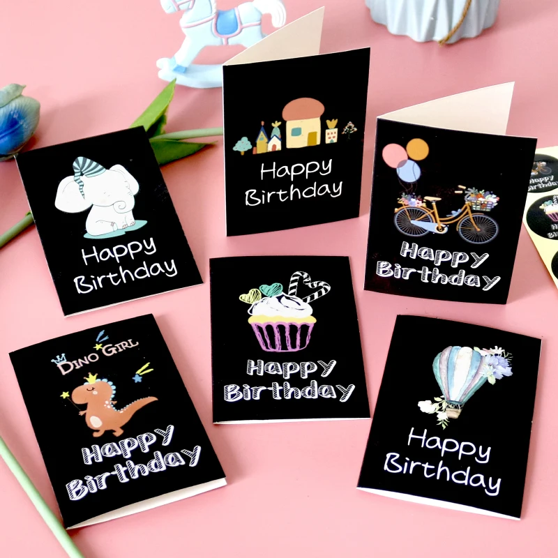 6Sets Happy Birthday Gift Cards Balloon Cartoon Assorted Greeting Card with Envelope and Sticker Birthday Party Invitation Card