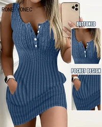 2024 Women Solid Tank Sleeveless Bodycon Button Decoration Mini Casual Knitting Dresses