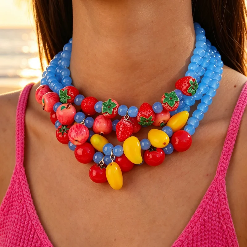 Glass Bead and Resin Fruit Necklace