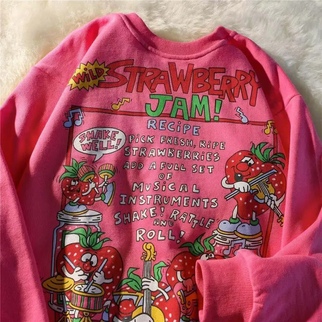 Kawaii Rose Red Cartoon Letter bluza z nadrukiem Vintage Streetwear stylowe topy 2021 nowy O-neck Casual nastolatki ubrania Goth Punk