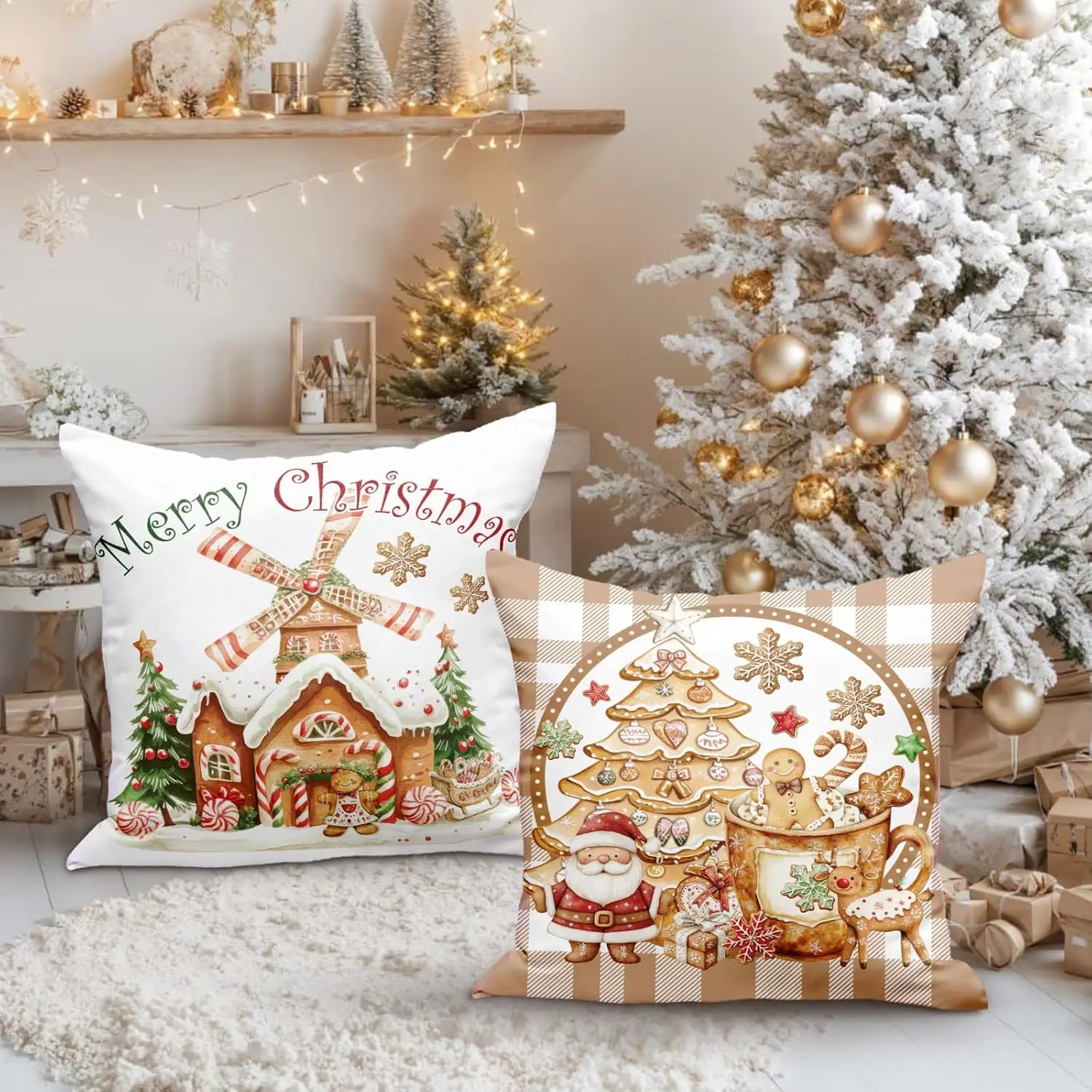 4pcs Gingerbread Santa Reindeer Windmill Train Merry Christmas Printed Pillow Cover Polyester Cushion Case 2D Flat Printing