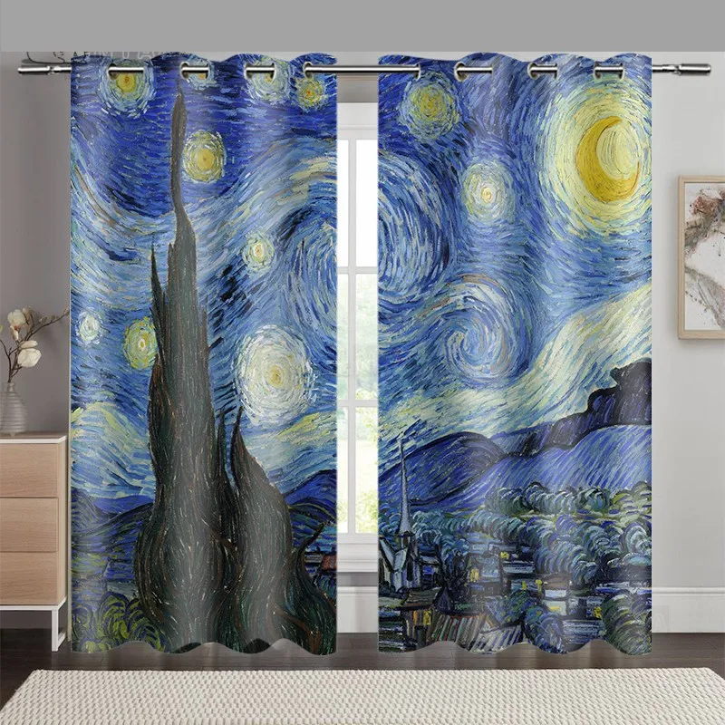 Nordic Simple Curtain Ins Curtain Van Gogh Art Landscape Oil Painting Green Garden Living Room Floor-to-ceiling Window Semishade