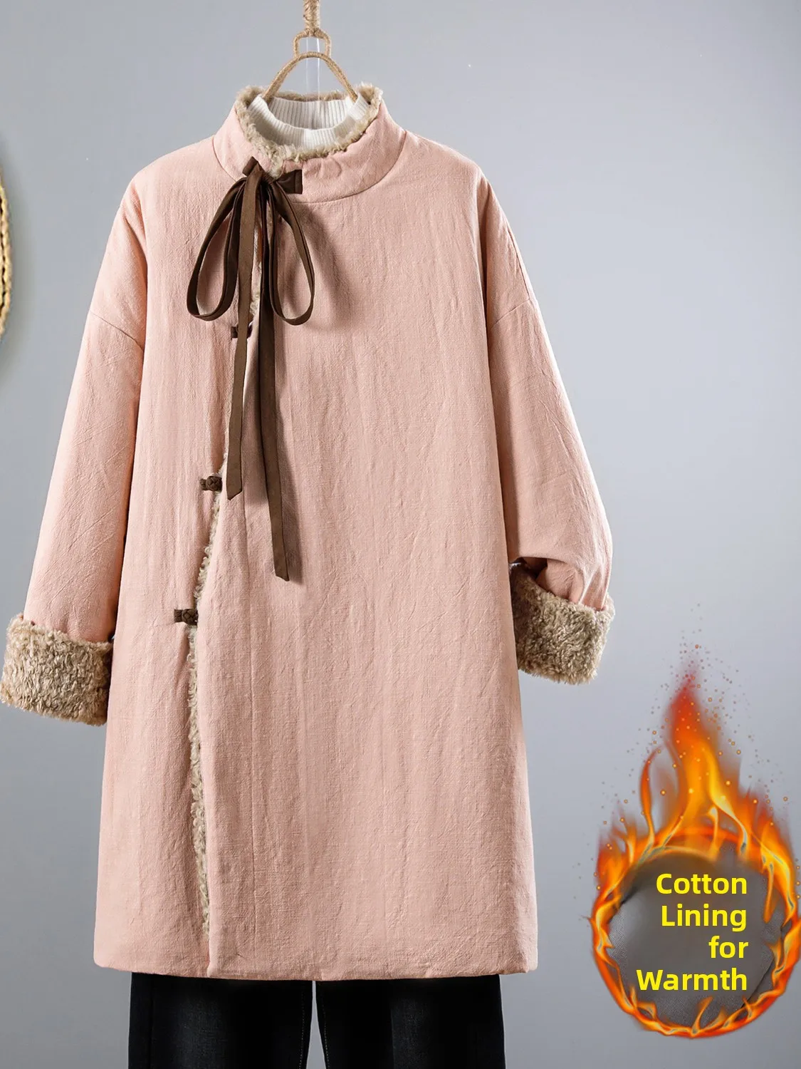 

New Chinese Sle Plu Patchwork Cotton Jaet Warm Thiened Stand Collar Middle Length Single Button Closure Traditional C...