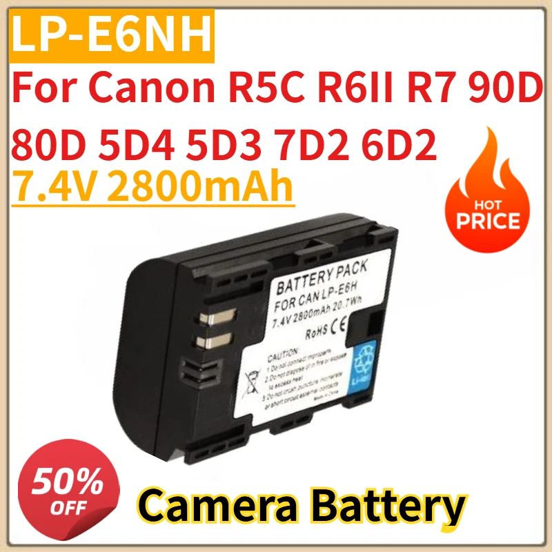 

High Quality New LP-E6NH LP-E6 7.4V 2800mAh Camera Battery For Canon R5C R6II R7 90D 80D 5D4 5D3 7D2 6D2