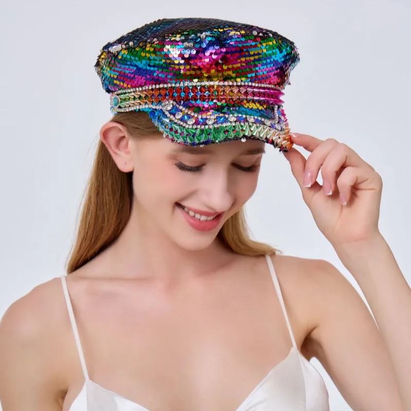 

HongLuan Colours Captain Hat Rhinestone for Halloween & Burning Man Festival Woman , Vintage Military Accessories, Cap for Man