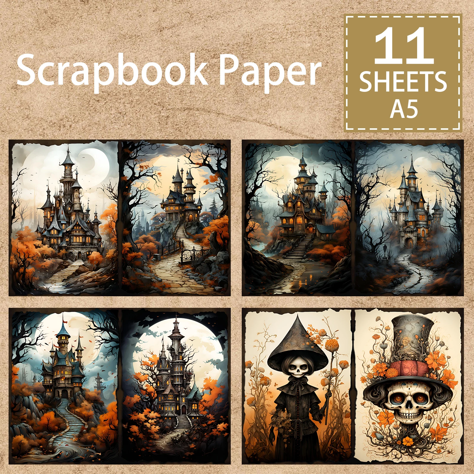 11 Sheets A5 Size Halloween Skeleton Haunted House Background Vintage Grunge Journal Planning Scrapbooking