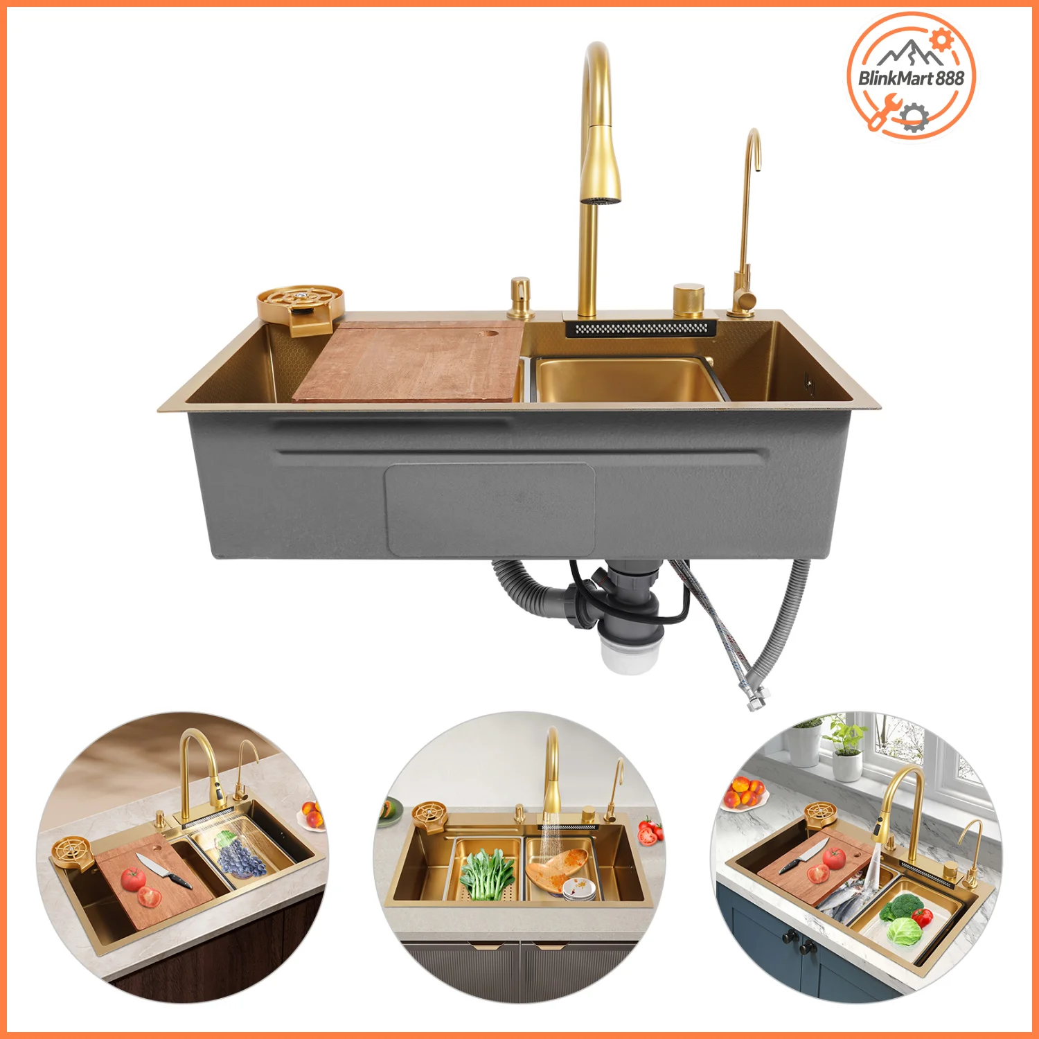 

80*46*22cm Gold Kitchen Sink Kit| 304 Stainless Steel Utility Washing Sink w/ Drain Basket,Chopping Board,Chopping Board