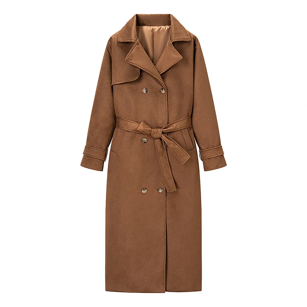

's new women's fashion style retro suede collar long sleeved double breasted waistband decoration long coat jacket