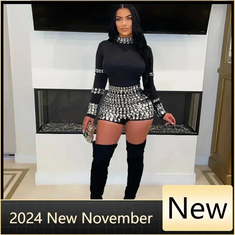 

Customized Women Diamonds Hot Rhinestones Long Sleeve Short Jumpsuits 2025 Summer Sexy Party Club One Piece Suit Rompers Playsui