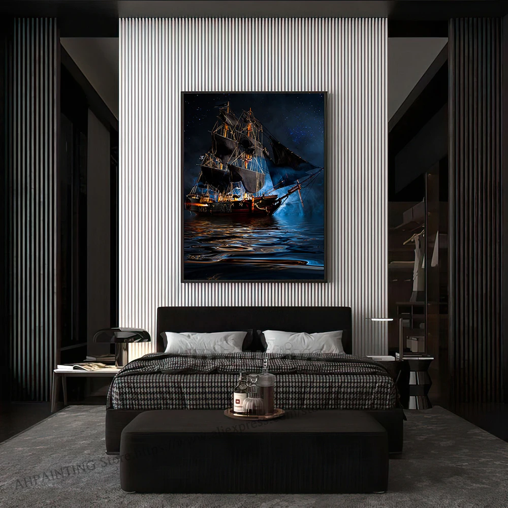 Pirate Ship Dark Sea Battle Poster 18th Century Naval Battle Printed On Canvas Painting Wall Pictures For Living Room Home Decor