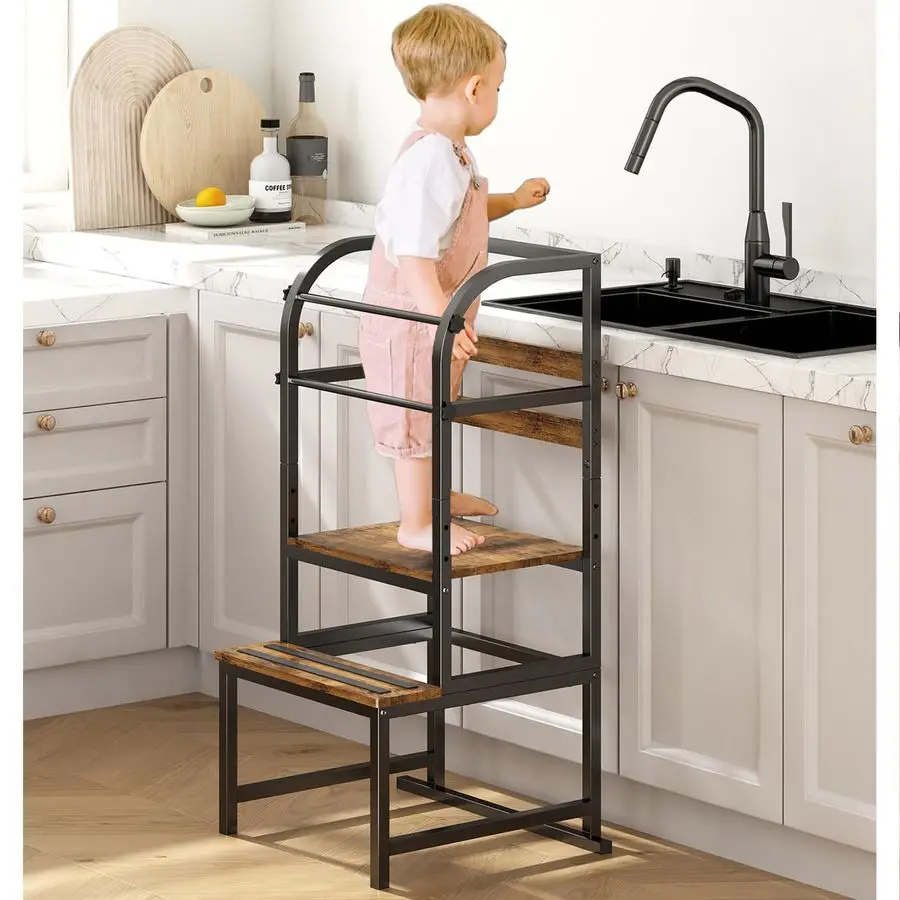 

Башня для малышей для кухонной лестницы, регулируемая по высоте, помощник для кухонного стульца с защитной рейкой, обучающая башня Монтессори для ванной комнаты f