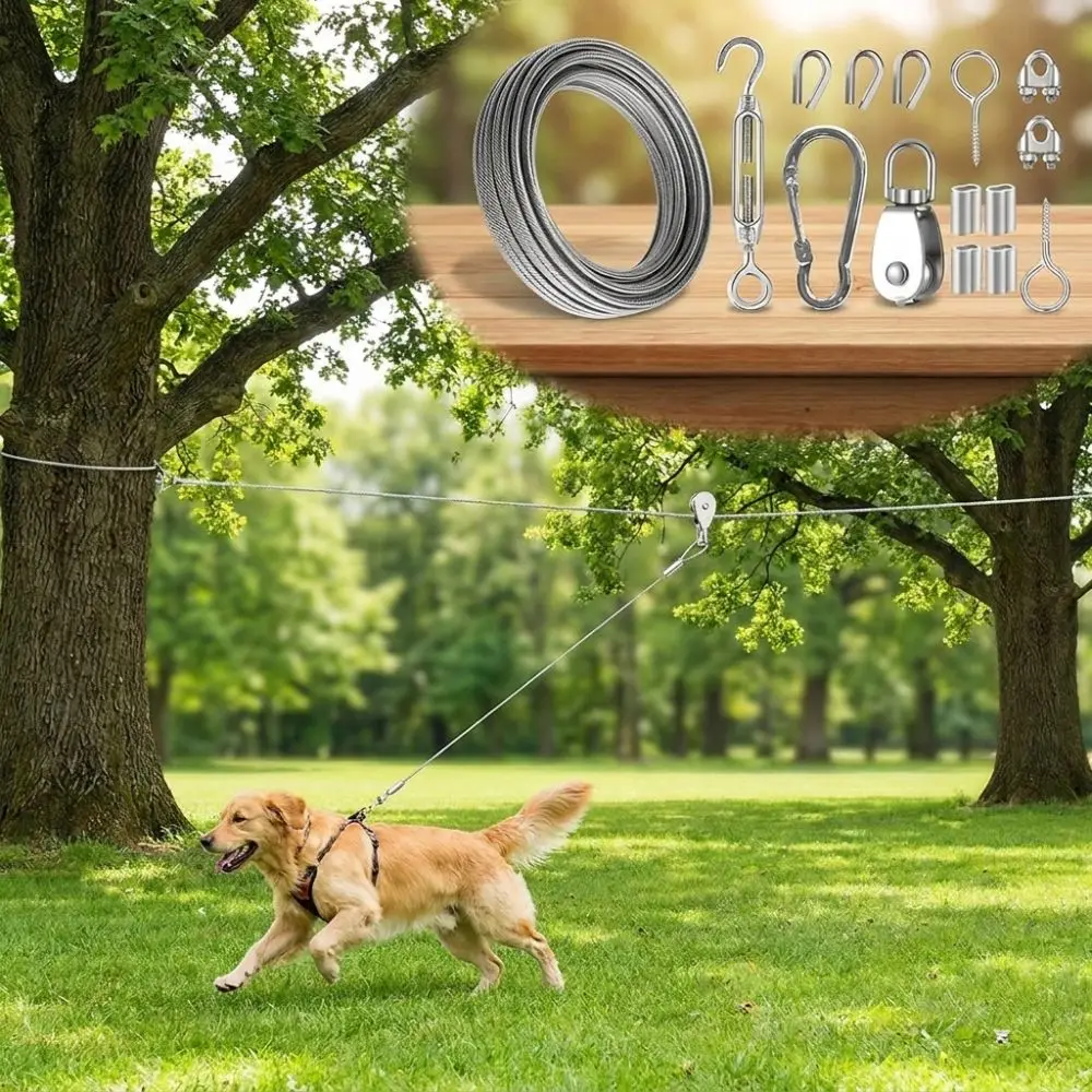 15/30M Outdoor Dog Tie Out Cable Anti Rust Metal Buckle Trolley Dog Run Cable System Kit Shock-Absorbing Chew Proof