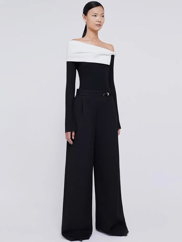 DEAT Two Piece Sets Women Slash Sleeve Knitted Stretch Contrast Color Top Belt Loose Full Length Pants Suit Female 2024 13DB5034