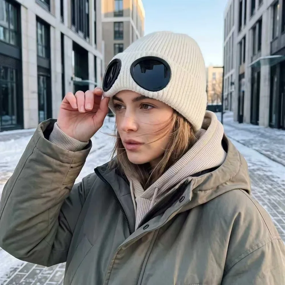 Thickened Knitted Winter Beanie Hat Built-in Goggles Fleece Lined Ear Flap Windproof Cold Resistant Cap for Men Women Outdoor