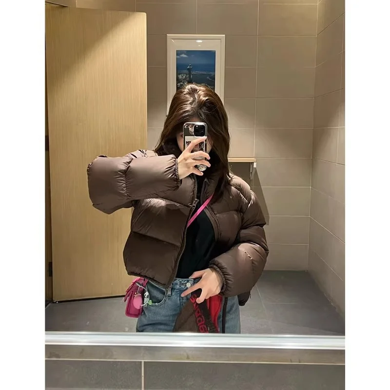 Korean Style Streetwear Cropped Black Quilted Puffer Parka Women Stand Collar Thick Warm Winter Loose Fit Outerwear 2026 New