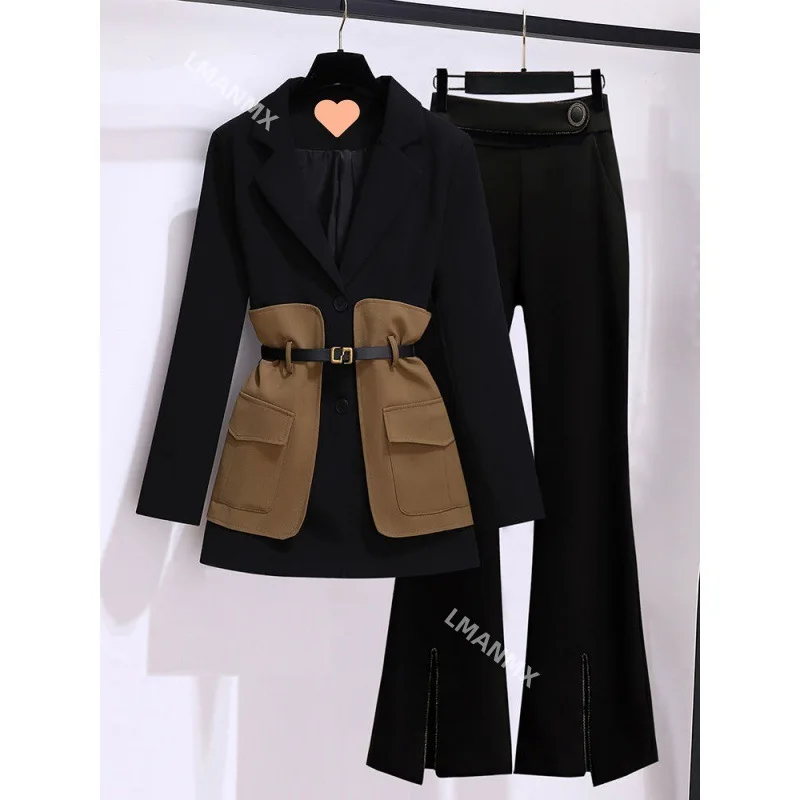 Women\'s Autumn Winter New Casual Blazers Jacket Matching Set Korean Elegant Midi Suit Coat Pants Two Piece Female Clothing Suits