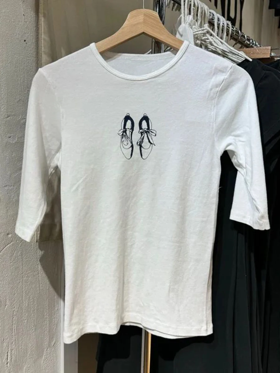 

Ballet Shoes Graphic Half Sleeve T-shirt Woman Autumn Cotton Round Neck Tee Shirt Female Sweet Cute Preppy Style Crop Top Y2k