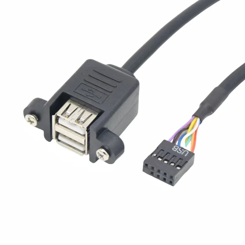 30cm 50cm 100cm  Motherboard Internal 9pin Pitch 2.54mm to Dual Port USB 2.0 A Female Screw Lock Panel Mount Cable