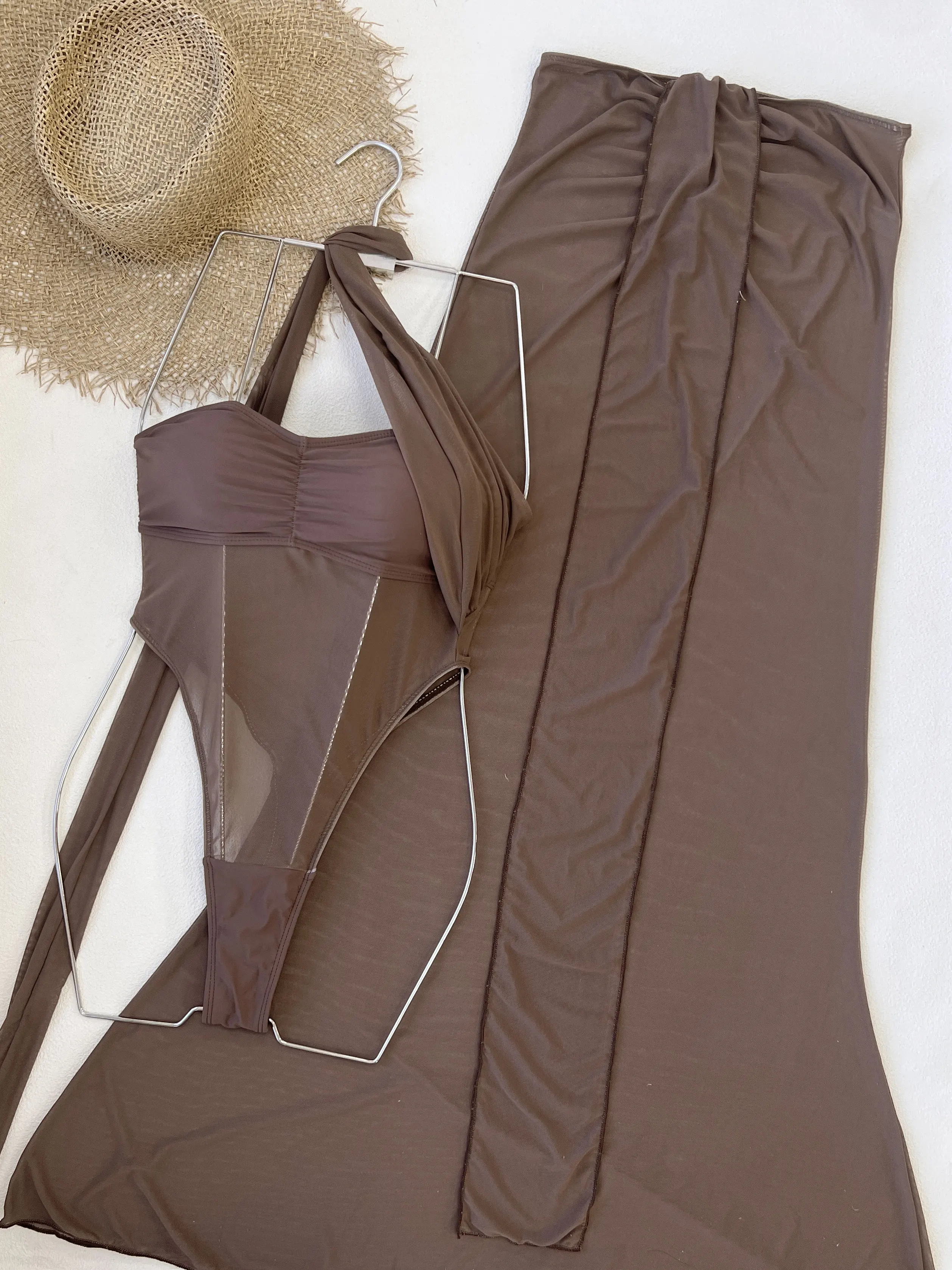 2025 Sexy Sheer One-Piece Swimsuit Long Fish-Tail Dress with Cut-Out Design Perfect for Beach Evening Parties Women's Swimsuit