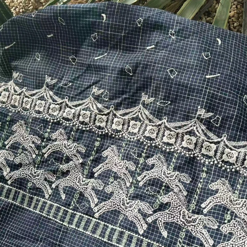 New 100% cotton pony floral unilateral embroidered check fabric for children's and women's clothing,handmade bag sewing fabric