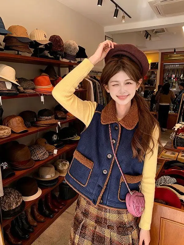 

Retro Color Blo Lamb Fur Vest Women's ort Outerwear Svel Jaet Collar Flip Design High-End Feeling Korean Sle