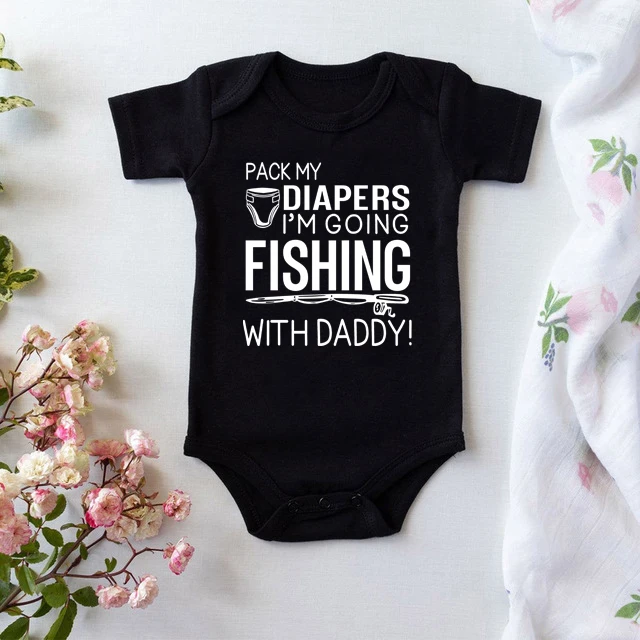 Pack My Diapers I'm Going Fishing With Daddy Baby Bodysuit Cotton Toddler Boys Girls Outfit Newborn Short Sleeve Jumpsuit