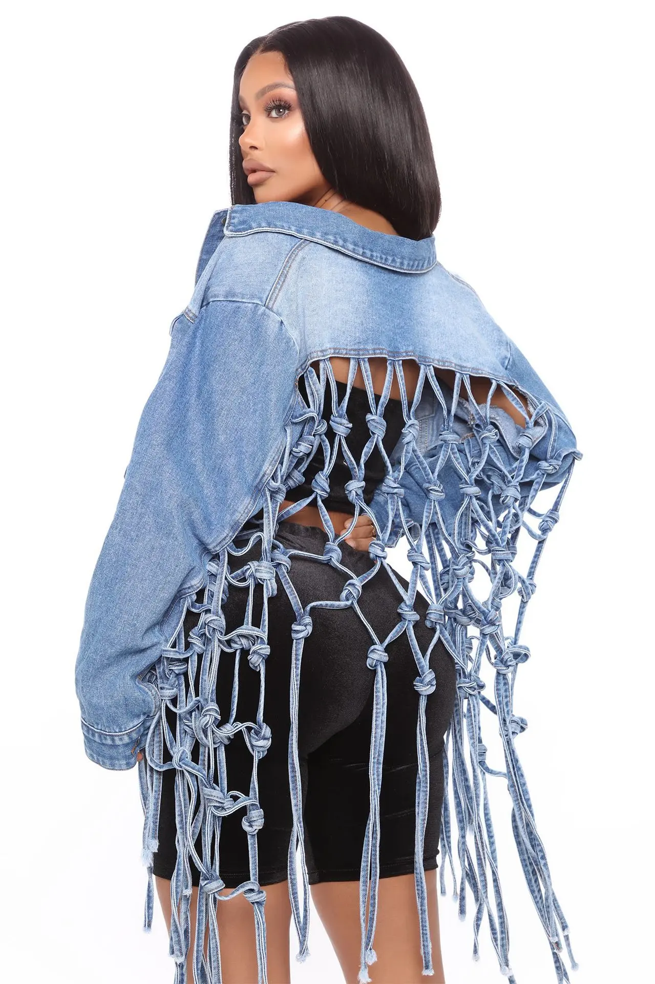 

New Back Mesh Tassel Denim Jacket Women