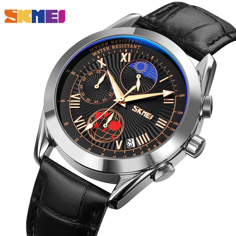 SKMEI 9236 Moon Phase  Casual Quartz Male Wristwatch Creative Stopwatch Date Waterproof Sport Mens Watches Relogio Masculino