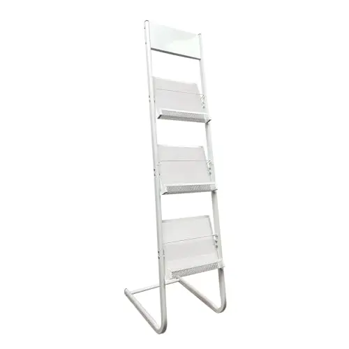 

White Freestanding 3-Tier Metal Brochure Display Rack With Perforated Shelves For Office, Exhibition And Information Booths