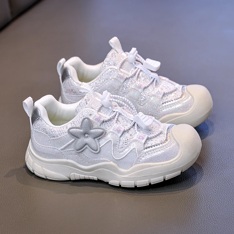 Children's Glitter Sneakers New Lightweight Comfortable Little Girls Causal Shoes Breathable Non-slip Kids School Sports Shoes