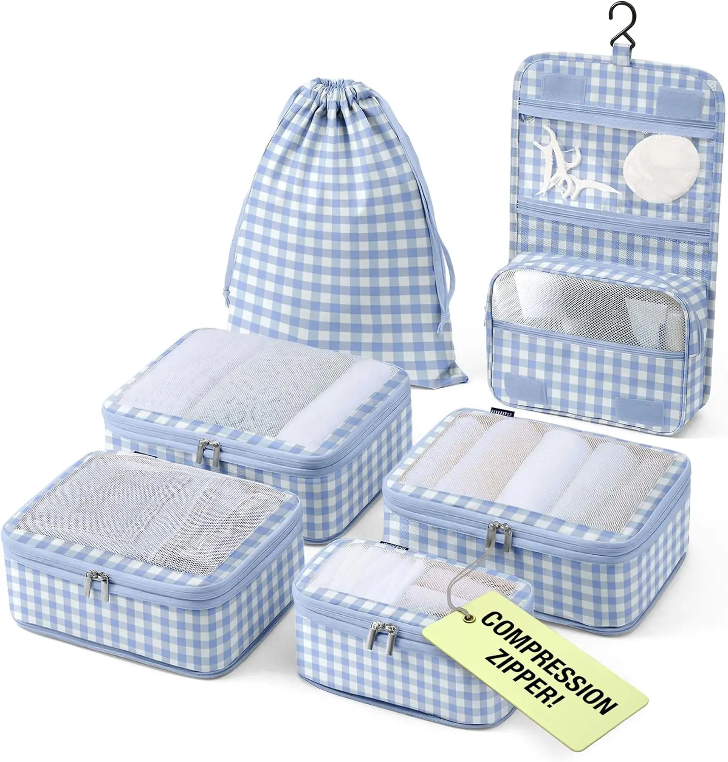 Compression Packing Cubes for Travel with Hanging Toiletry Bag Laundry Pouch Carry On Organizer