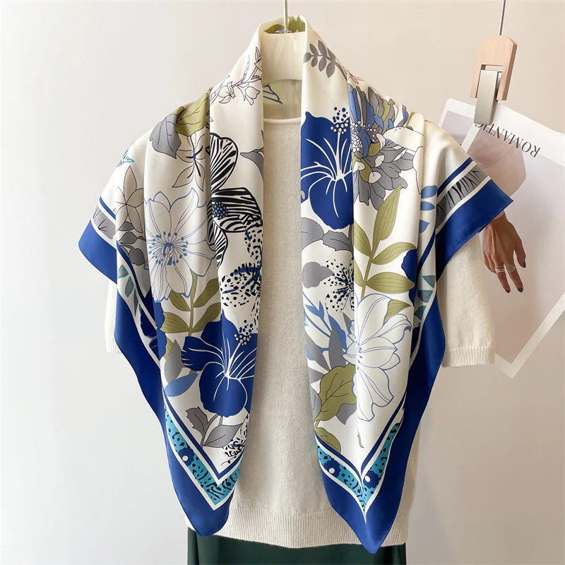 Fashion Summer Luxury Brand New Twill Silk Scarf for Women Flowers Hijab Bandana 90cm Square Spring Shawl Wraps Echarpe Foulard