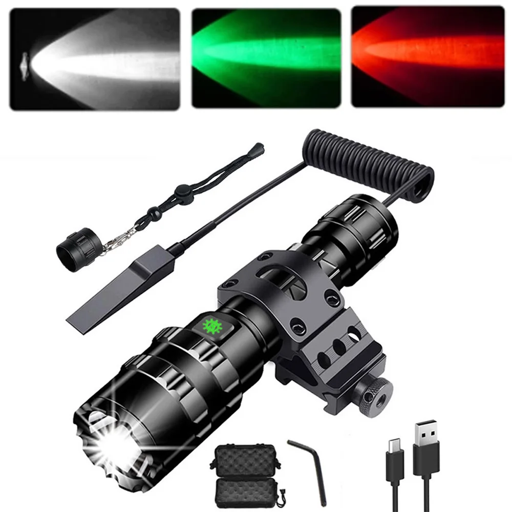 1600 Lumen Tactical Flashlight USB Rechargeable Torch with Mount Remote Switch for Hunting Shooting Outdoor Gun Accessories