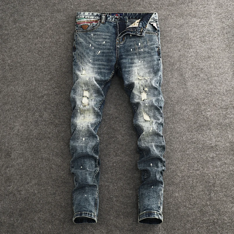 

Italian Fashion New Jeans with Wrinkles, Scratches, Painted, Washed, Nostalgic, Retro Blue, Men's Jeans, Designer Pants, Hombre