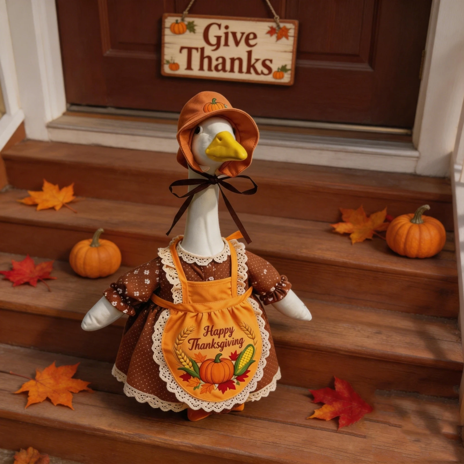 Thanksgiving Porch Goose Outfit Floral Dress Pumpkin Apron Hat Set for 23 Lawn Cement Plastic Goose