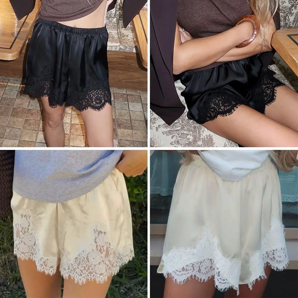 Vintage Satin Silk Lace Patchwork Shorts Lace Y2k Sleep Shorts Soft Elastic Waist Women Shorts Streetwear