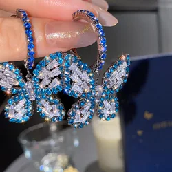 Brincos cheios de strass borboleta para mulheres, brinco de zircão, joias de luxo, azul brilhante, francês, presentes de festa, moda nova, 2022