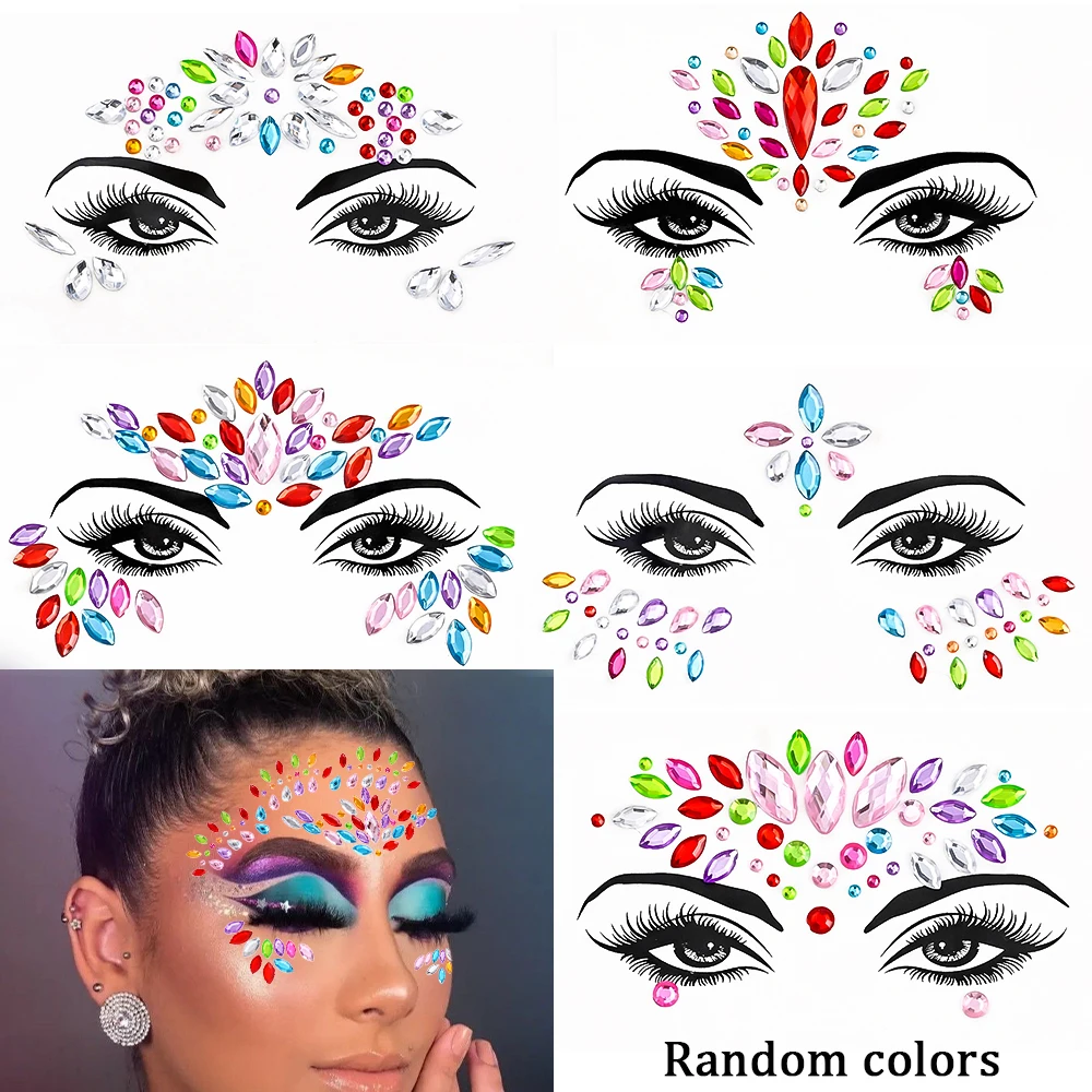 5pcs Sparkly 3D Rhinestone Gems Eye & Face Decorative Drill Stickers for Music Festivals Y2K Makeup & Mardi Gras Proms Decor #NK