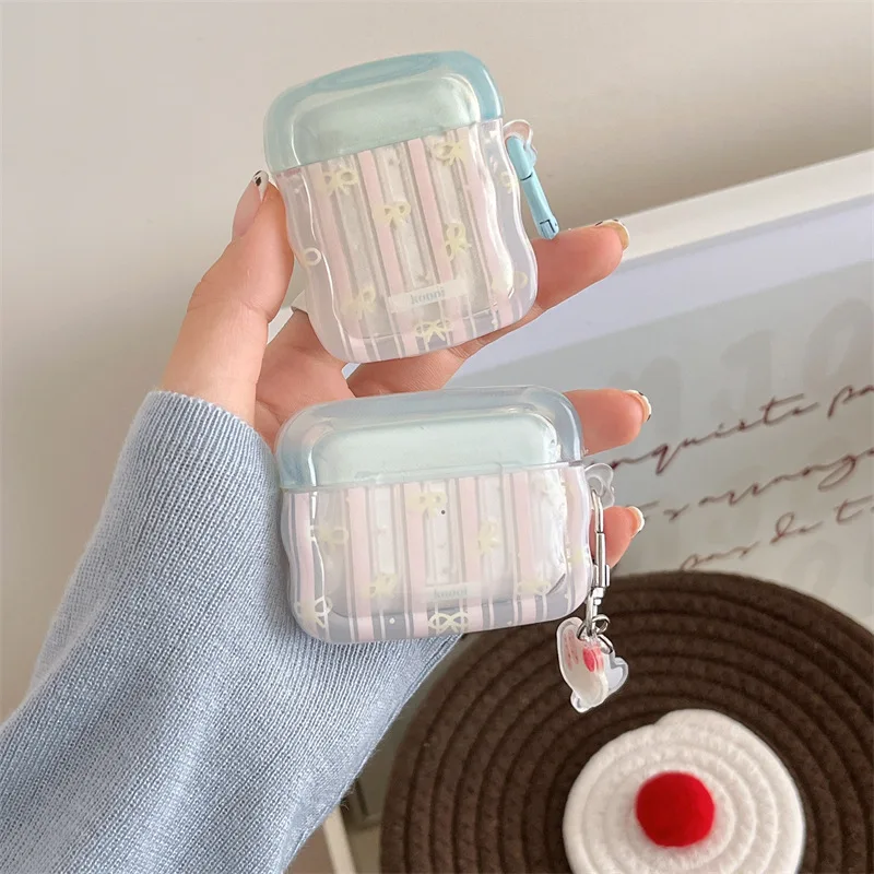 

Cute 3D Bow Pink Wavy Earphone Case for AirPods 1 or 2 3 4 AirPods Pro Pro 2 Headphone Cover With Pendant